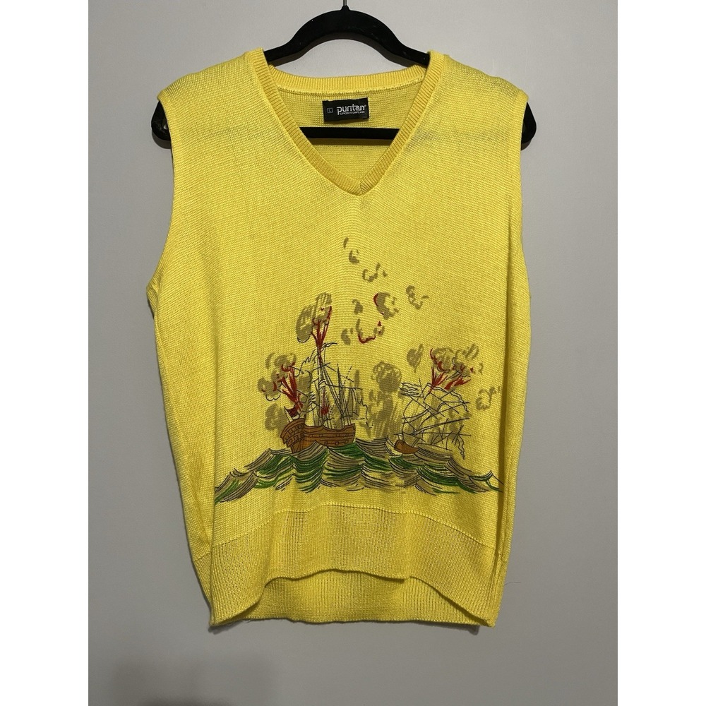 vintage mens puritan sportswear Sweater Vest Yellow With A Boat On Front Large